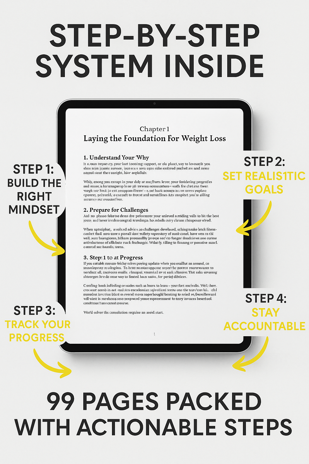Digital product with text on a tablet screen, promoting a step-by-step system for weight loss.