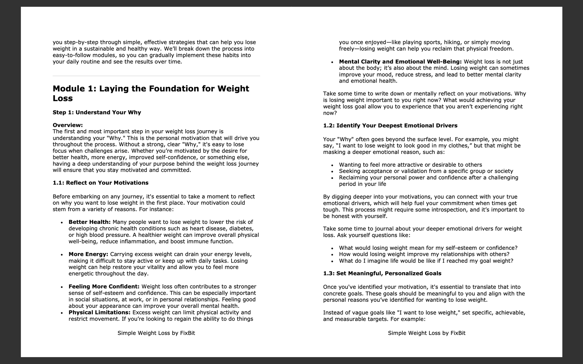 Text document on weight loss module with headings and subheadings.